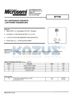 BFY90 datasheet - RF & MICROWAVE DISCRETE LOW POWER TRANSISTORS