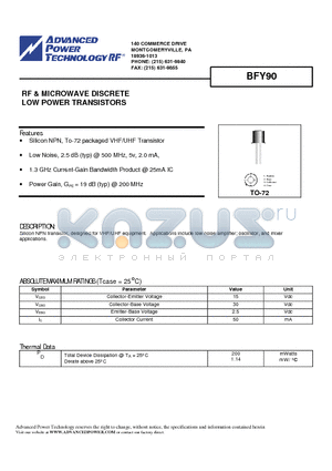 BFY90 datasheet - RF & MICROWAVE DISCRETE LOW POWER TRANSISTORS