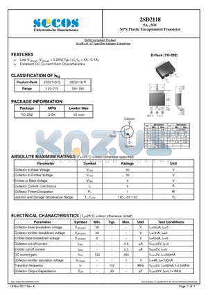2SD2118_11 datasheet - 5A , 50V NPN Plastic Encapsulated Transistor