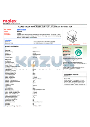 0877591874 datasheet - 2.00mm (.079) Pitch Milli-Grid Header, Surface Mount, Vertical, 18 Circuits, 0.38lm (15l) Gold (Au) Selective Plating, with Pick-and-Place Cap, Tape and Reel Packaging