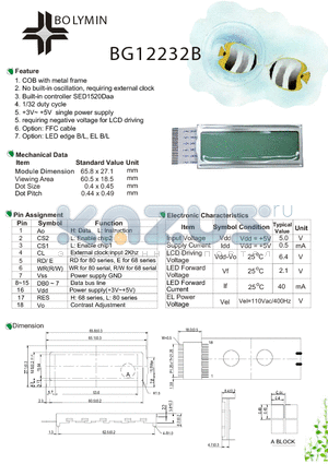 BG12232B datasheet - COB with metal frame No built-in oscillation, requiring external clock