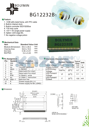 BG12232B1 datasheet - COB with metal frame, with FFC cable Built-in internal clock