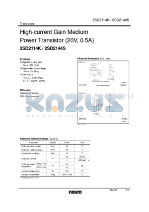 2SD2144S datasheet - High-current Gain Medium Power Transistor (20V, 0.5A)