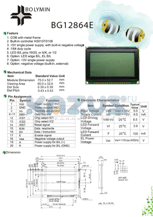 BG12864E datasheet - COB with metal frame Built-in controller KS0107/0108