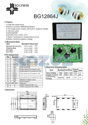 BG12864J datasheet - COB with metal frame Built-in controller SBN0064G/6400G