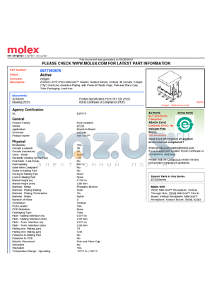 0877593676 datasheet - 2.00mm (.079) Pitch Milli-Grid Header, Surface Mount, Vertical, 36 Circuits, 0.38lm (15l) Gold (Au) Selective Plating, with Press-fit Plastic Pegs, Pick-and-Place Cap