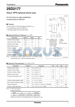 2SD2177 datasheet - Silicon NPN epitaxial planer type(For low-frequency output amplification)