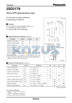 2SD2179 datasheet - Silicon NPN epitaxial planer type(For low-frequency output amplification)