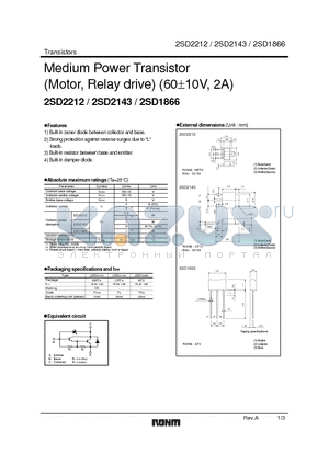 2SD2212 datasheet - Medium Power Transistor(Motor, Relay drive) (60a10V, 2A)