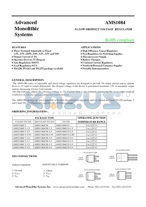 AMS1084CT-5.0 datasheet - 5A LOW DROPOUT VOLTAGE REGULATOR