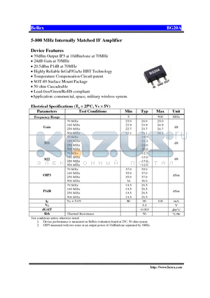 BG20A datasheet - 5-800 MHz Internally Matched IF Amplifier