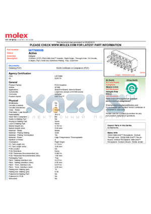 0877600006 datasheet - 2.00mm (.079) Pitch Milli-Grid Header, Right Angle, Through Hole, 16 Circuits, 0.38lm (15l) Gold (Au) Selective Plating, Tray, Lead-free