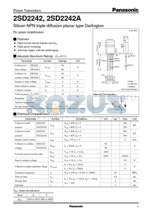 2SD2242A datasheet - Silicon NPN triple diffusion planar type Darlington(For power amplification)