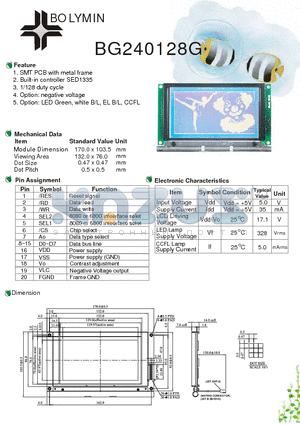 BG240128G datasheet - SMT PCB with metal frame Built-in controller SED1335