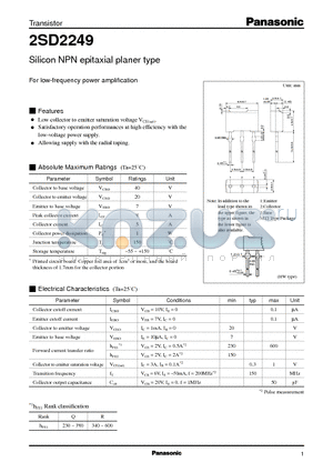 2SD2249 datasheet - Silicon NPN epitaxial planer type(For low-frequency power amplification)