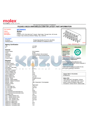 0877604616 datasheet - 2.00mm (.079) Pitch Milli-Grid Header, Right Angle, Through Hole, 46 Circuits, 0.38lm (15l) Gold (Au) Selective Plating, Tray, Lead-free