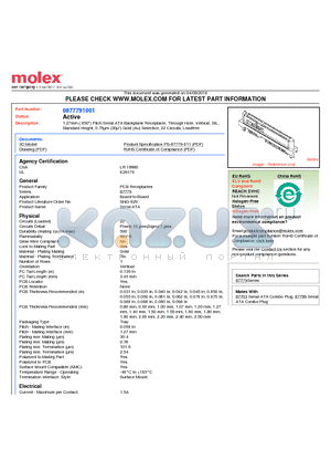 0877791001 datasheet - 1.27mm (.050) Pitch Serial ATA Backplane Receptacle, Through Hole, Vertical, SIL, Standard Height, 0.76lm (30l) Gold (Au) Selective, 22 Circuits, Leadfree