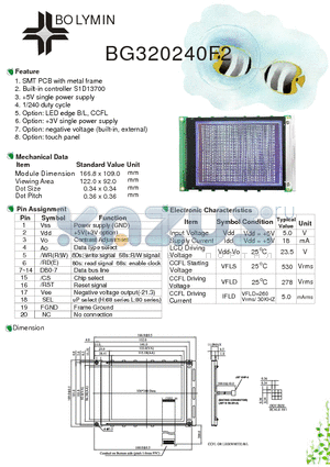 BG320240F2 datasheet - SMT PCB with metal frame Built-in controller S1D13700