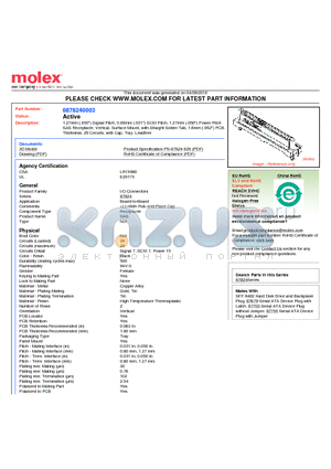 0878240003 datasheet - 1.27mm (.050) Signal Pitch, 0.80mm (.031) SCSI Pitch, 1.27mm (.050) Power Pitch SAS Receptacle, Vertical, Surface Mount, with Straight Solder Tab