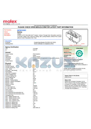 0878310441 datasheet - 2.00mm (.079) Pitch Milli-Grid Header, Vertical, Through Hole, Shrouded, Lead-free, 4 Circuits, 0.38lm (15l) Gold (Au) Plating, with Locking Window, without PCB Locator