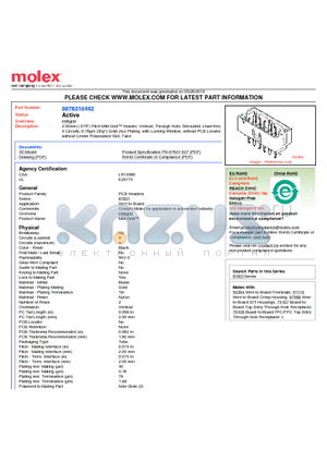 0878310442 datasheet - 2.00mm (.079) Pitch Milli-Grid Header, Vertical, Through Hole, Shrouded, Lead-free, 4 Circuits, 0.76lm (30l) Gold (Au) Plating, with Locking Window, without PCB Locator