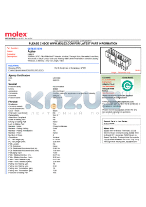 0878311010 datasheet - 2.00mm (.079) Pitch Milli-Grid Header, Vertical, Through Hole, Shrouded, Lead-free, 10 Circuits, 0.38lm (15l) Gold (Au) Plating, with Center Polarization Slot and Locking Windows