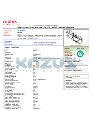 0878312221 datasheet - 2.00mm (.079) Pitch Milli-Grid Header, Vertical, Through Hole, Shrouded, Lead-free, 22 Circuits, 0.76lm (30l) Gold (Au) Plating, Center Polarization Slot