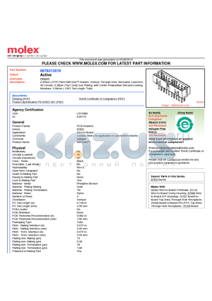 0878313010 datasheet - 2.00mm (.079) Pitch Milli-Grid Header, Vertical, Through Hole, Shrouded, Lead-free, 30 Circuits, 0.38lm (15l) Gold (Au) Plating