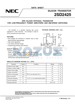 2SD2425 datasheet - NPN SILICON EPITAXIAL TRANSISTOR FOR LOW-FREQUENCY POWER AMPLIFIERS AND MID-SPEED SWITCHING