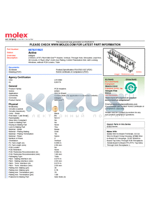 0878314821 datasheet - 2.00mm (.079) Pitch Milli-Grid Header, Vertical, Through Hole, Shrouded, Lead-free, 48 Circuits, 0.76lm (30l) Gold (Au) Plating, Center Polarization Slot