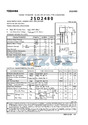 2SD2480 datasheet - NPN EPITAXIAL TYPE (MICRO MOTOR DRIVE, HAMMER DRIVE, SWITCHING, POWER AMPLIFIER APPLICATIONS)