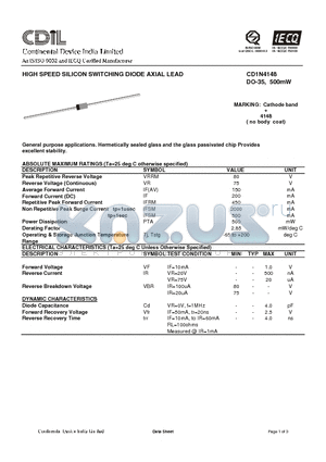 CD1N4148 datasheet - HIGH SPEED SILICON SWITCHING DIODE AXIAL LEAD