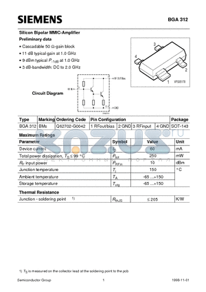 BGA312 datasheet - Silicon Bipolar MMIC-Amplifier (Cascadable 50 W-gain block 11 dB typical gain at 1.0 GHz 9 dBm typical P-1dB at 1.0 GHz)