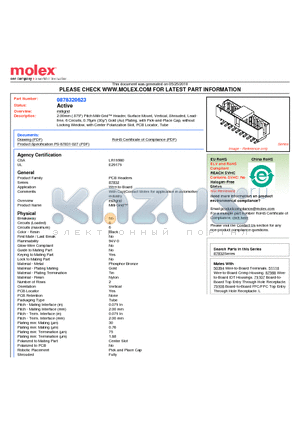 0878320623 datasheet - 2.00mm (.079) Pitch Milli-Grid Header, Surface Mount, Vertical, Shrouded, Leadfree 6 Circuits, 0.76lm (30l) Gold (Au) Plating, with Pick-and-Place Cap