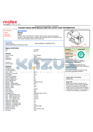 0878320842 datasheet - 2.00mm (.079) Pitch Milli-Grid Header, Surface Mount, Vertical, Shrouded, 8 Circuits, 0.76lm (30l) Gold (Au) Plating, with Locking Window, Pick-and-Place Cap