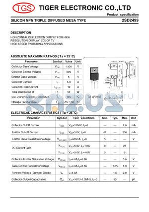 2SD2499 datasheet - SILICON NPN TRIPLE DIFFUSED MESA TYPE