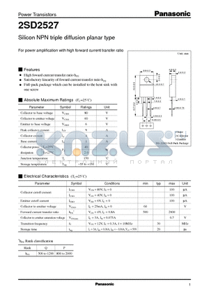 2SD2527 datasheet - Silicon NPN triple diffusion planar type(For power amplification with high forward current transfer ratio)