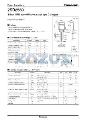 2SD2530 datasheet - Silicon NPN triple diffusion planer type Darlington(For power amplification)