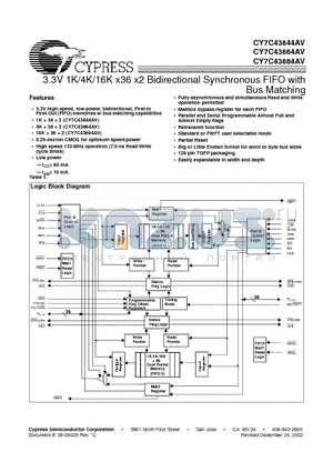 CY7C43664AV datasheet - 3.3V 1K/4K/16K x36 x2 Bidirectional Synchronous FIFO with Bus Matching