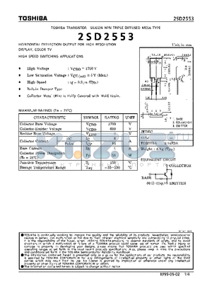 2SD2553 datasheet - NPN TRIPLE DIFFUSED MESA TYPE (HORIZONTAL DEFLECTION OUTPUT FOR HIGH RESOLUTION DISPLAY, COLOR TV. HIGH SPEED SWITCHING APPLICATIONS)