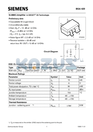 BGA420 datasheet - Si-MMIC-Amplifierin SIEGET 25-Technologie (Cascadable 50 Y-gain block Unconditionally stable)