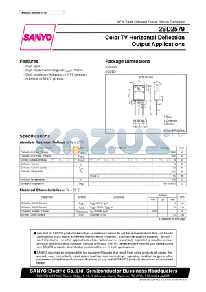 2SD2579 datasheet - Color TV Horizontal Deflection Output Applications