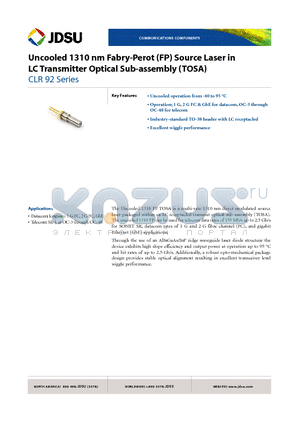 21065427 datasheet - Uncooled 1310 nm Fabry-Perot (FP) Source Laser in LC Transmitter Optical Sub-assembly (TOSA)