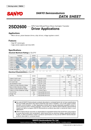 2SD2600 datasheet - NPN Triple Diffused Planar Silicon Darlington Transistor Driver Applications