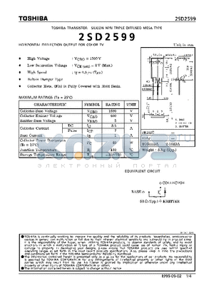 2SD2599 datasheet - NPN TRIPLE DIFFUSED MESA TYPE (HORIZONTAL DEFLECTION OUTPUT FOR COLOR TV)