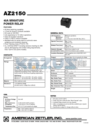 AZ2151-1A-110DE datasheet - 40A MINIATURE POWER RELAY