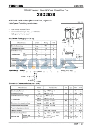 2SD2638 datasheet - TOSHIBA Transistor Silicon NPN Triple Diffused Mesa Type