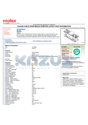 0878326023 datasheet - 2.00mm (.079) Pitch Milli-Grid Header, Surface Mount, Vertical, Shrouded, Leadfree 22 Circuits, 0.76lm (30l) Gold (Au) Plating, with Pick-and-Place Cap