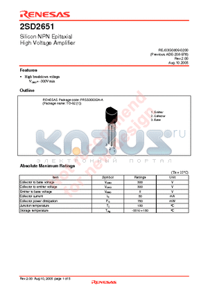 2SD2651 datasheet - Silicon NPN Epitaxial High Voltage Amplifier