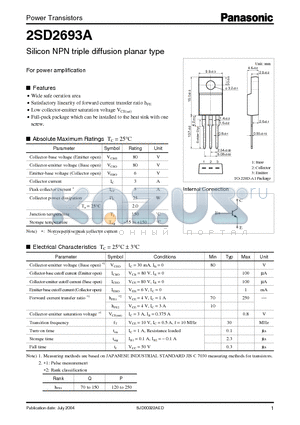 2SD2693A datasheet - Power Transistors Silicon NPN triple diffusion planar type